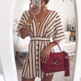 Plunging Neckline Casual Striped Button Down Mini Dress