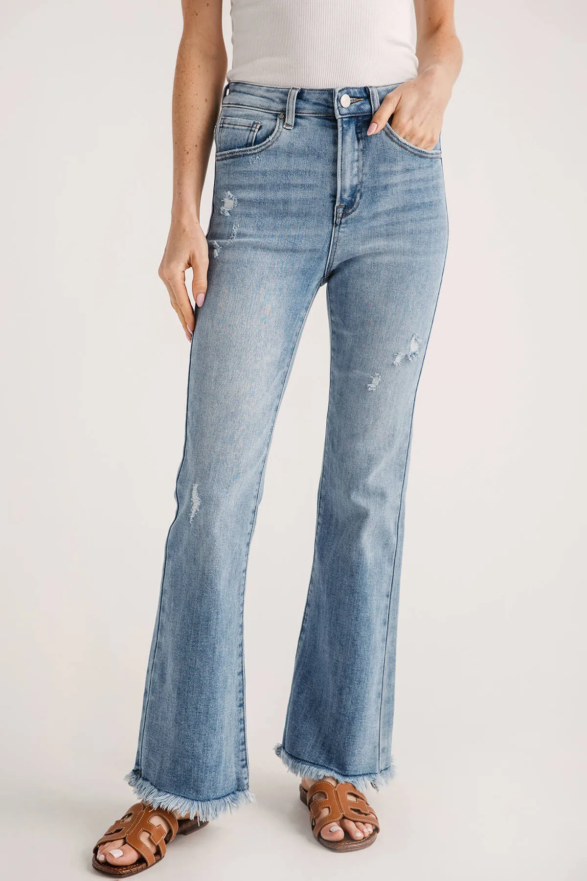 Risen Laine High Rise Ankle Kick Flare Frayed Hem Jeans