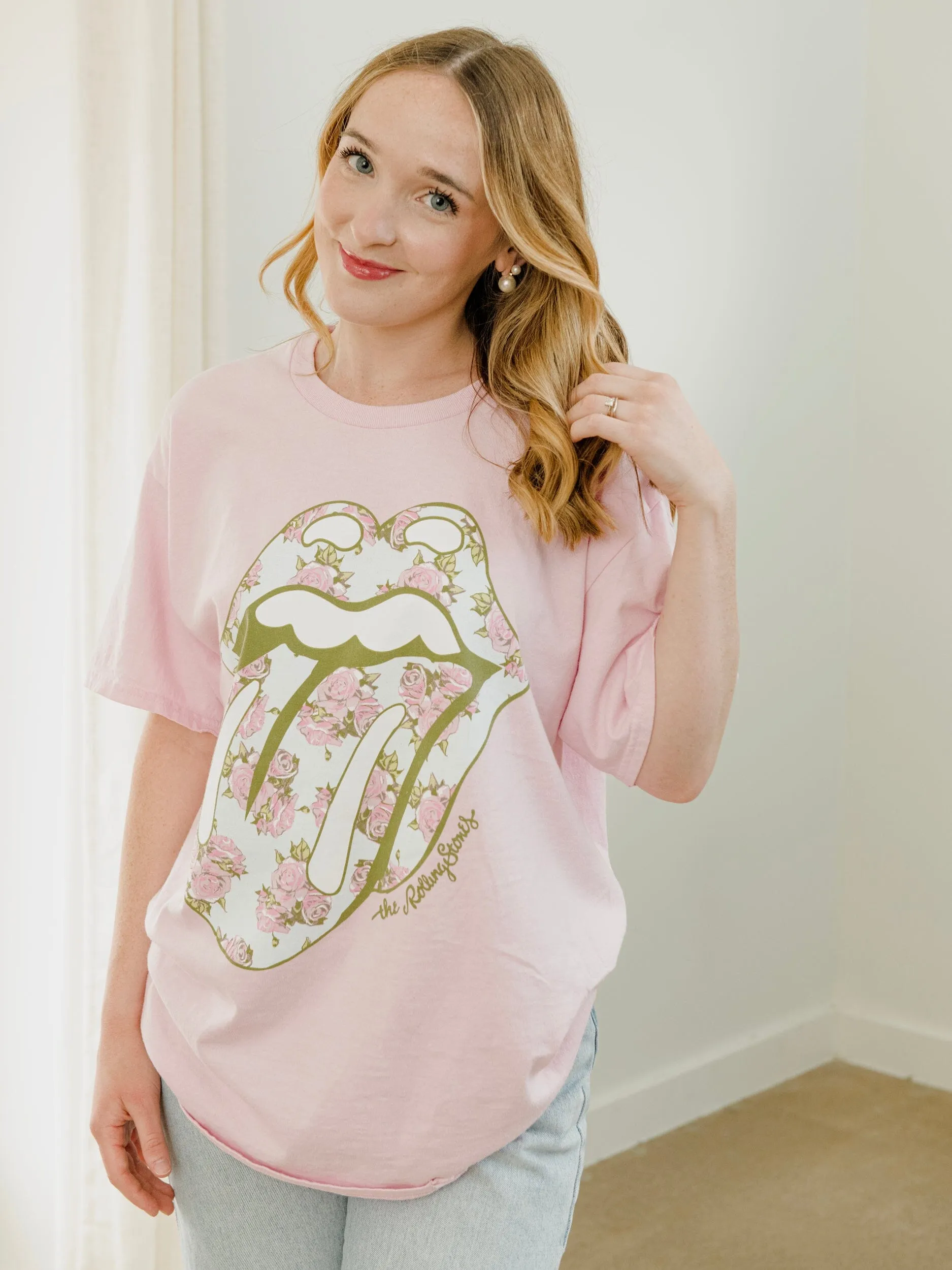 Rolling Stones Floral Lick Pink Thrifted Distressed Tee