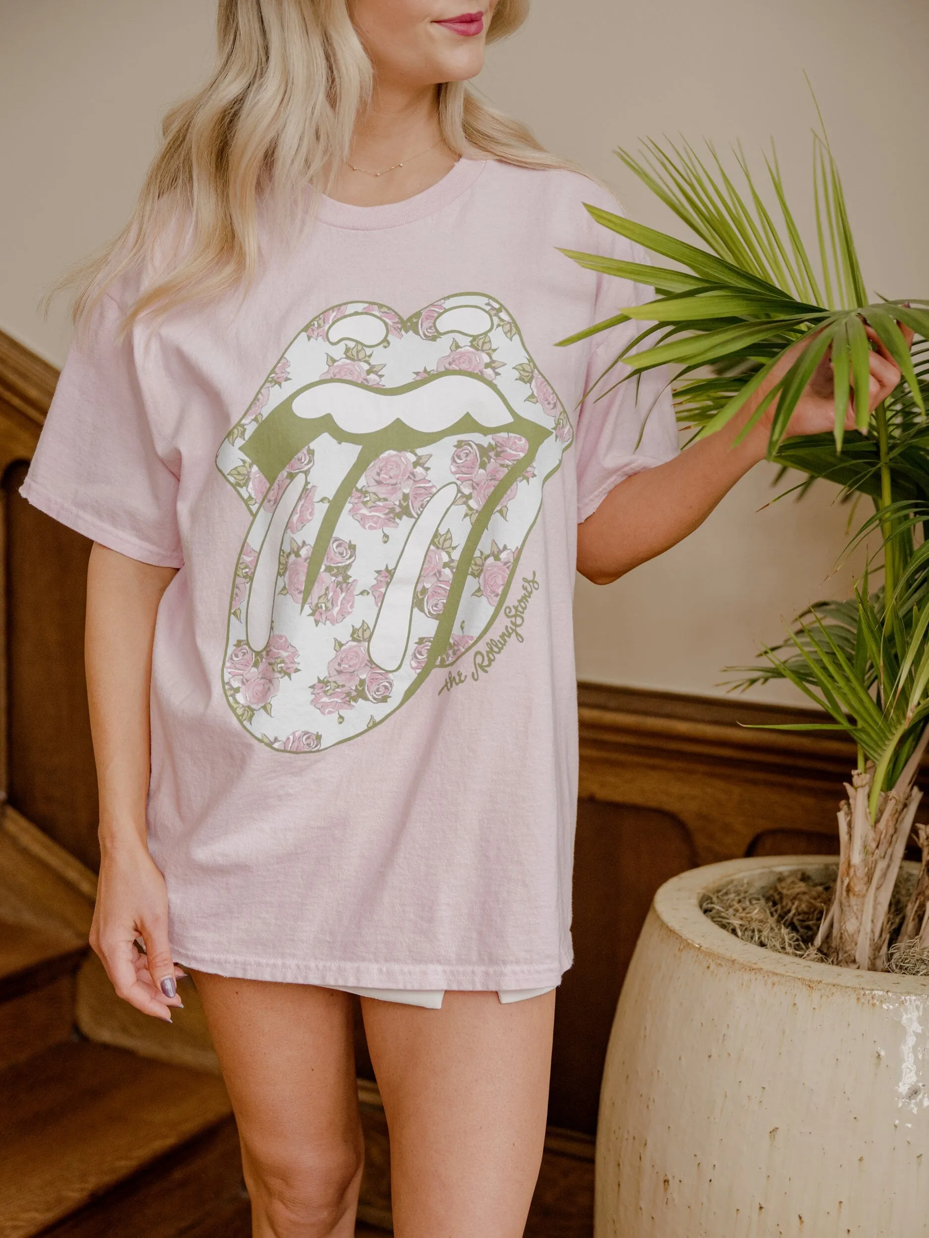 Rolling Stones Floral Lick Pink Thrifted Distressed Tee