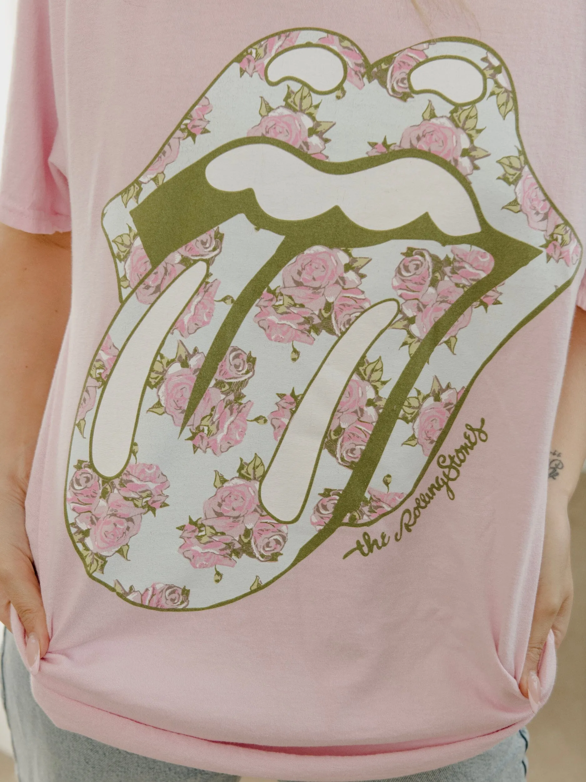 Rolling Stones Floral Lick Pink Thrifted Distressed Tee