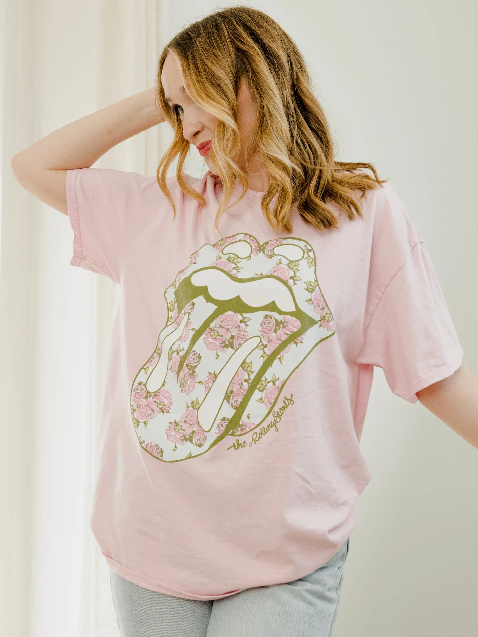 Rolling Stones Floral Lick Pink Thrifted Distressed Tee