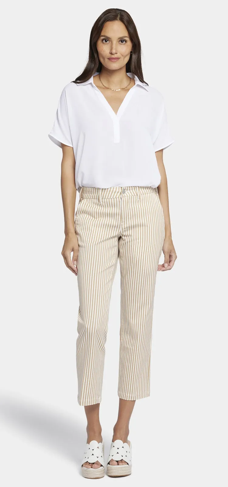 Straight Leg Ankle Trouser Beige Stretch Twill | Sunbird Stripe