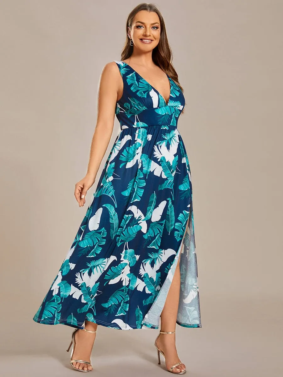 Summer Floral Sleeveless High-Slit Ankle Length Evening Dress