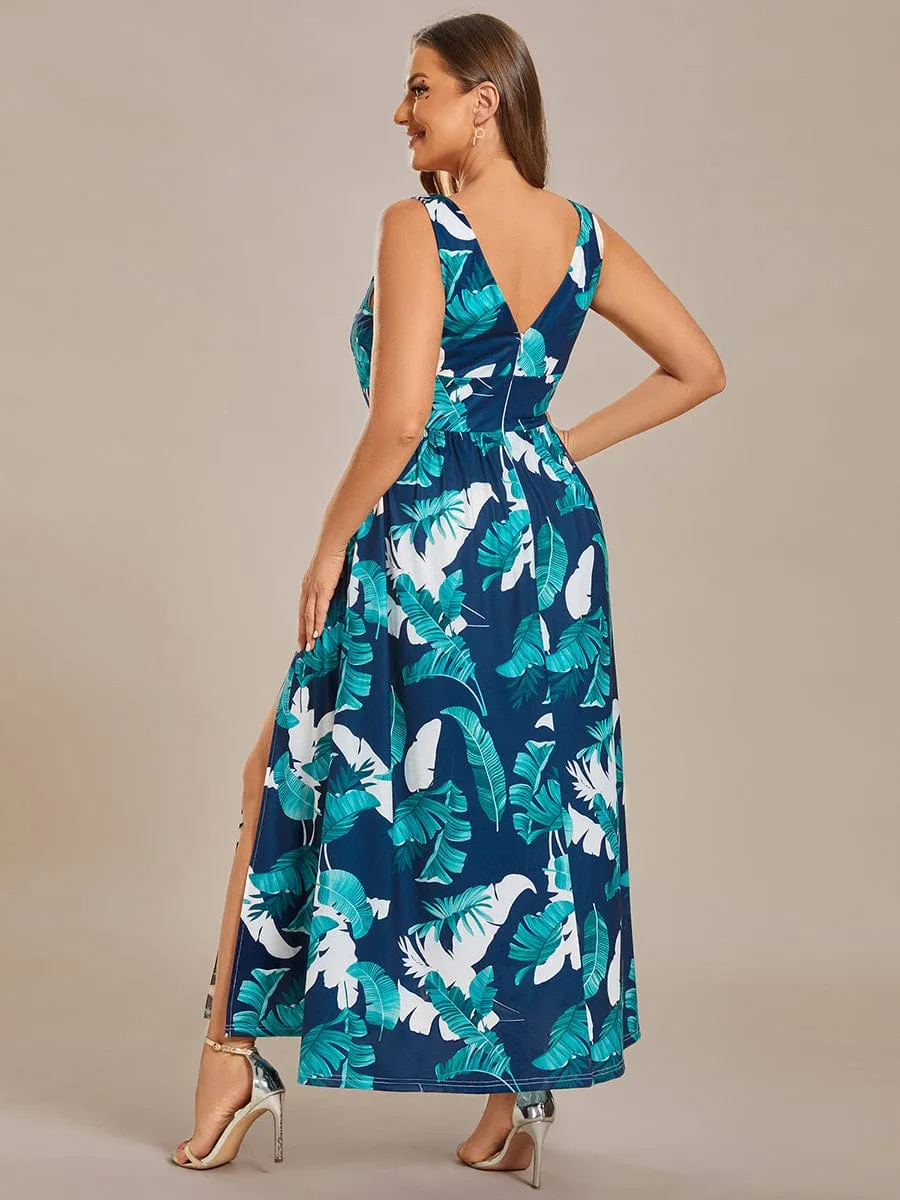 Summer Floral Sleeveless High-Slit Ankle Length Evening Dress