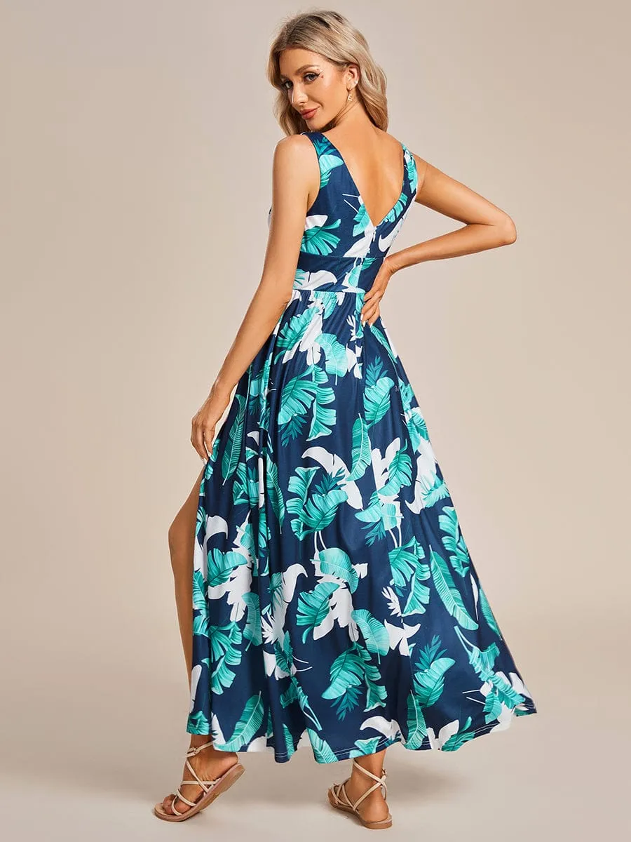 Summer Floral Sleeveless High-Slit Ankle Length Evening Dress