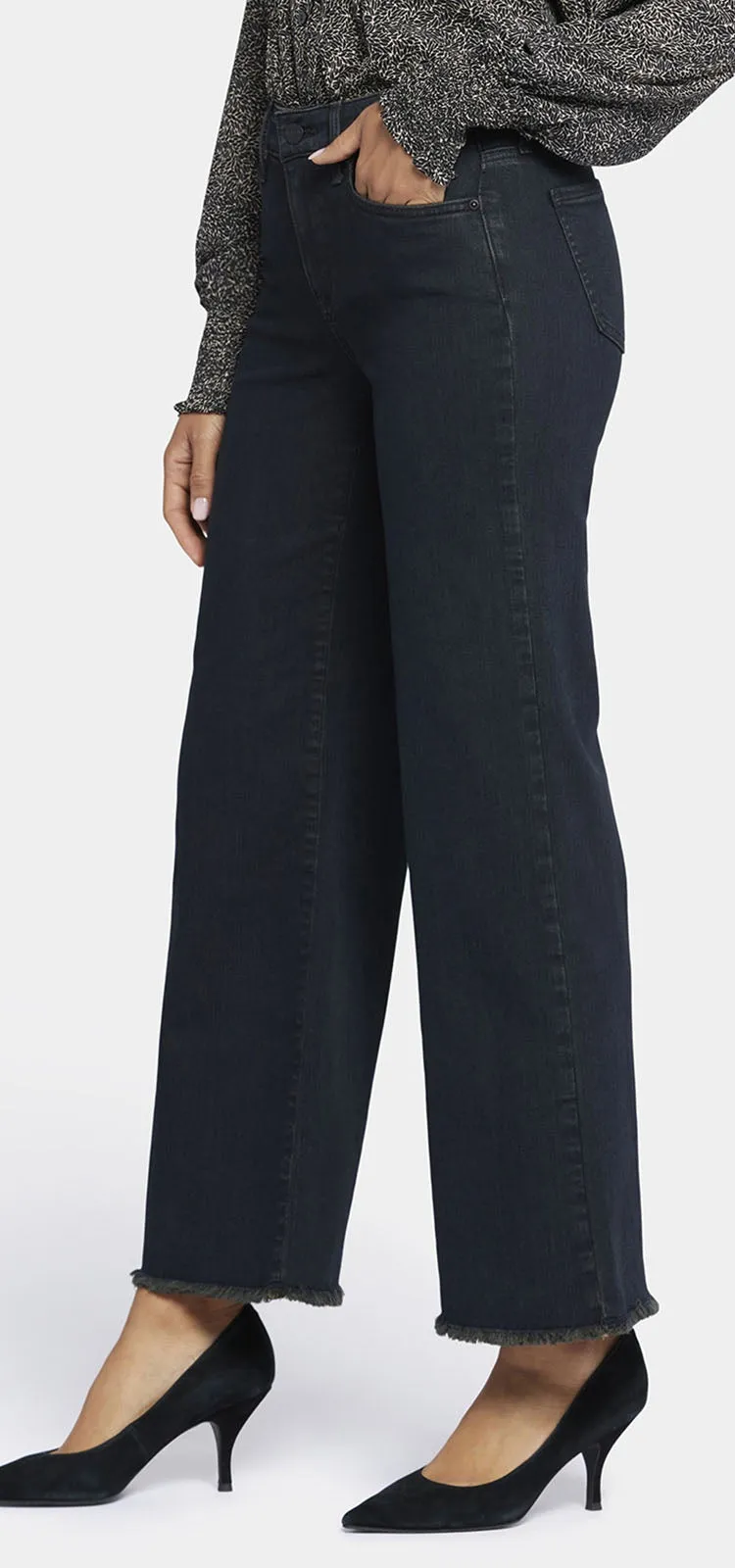 Teresa Wide Leg Ankle Jeans Gerafelde Zoom Zwart Premium Denim | Huntley